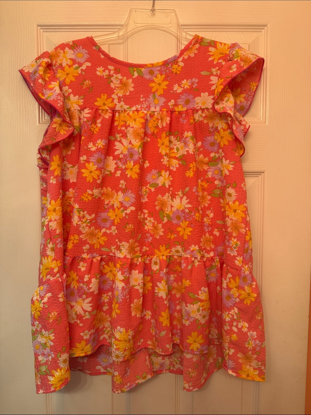 Floral Ruffle Sleeve Blouse in Coral